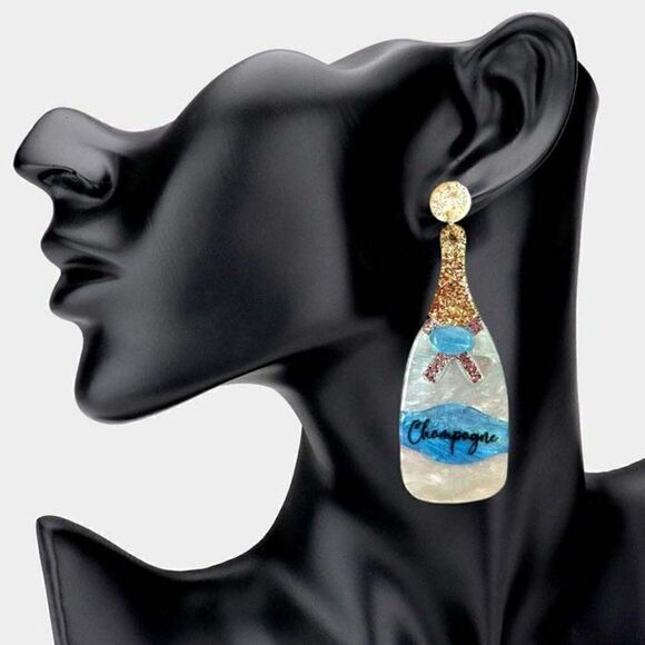 Champagne Bottle Blue Glittered Acetate Dangle Earrings - Picture 4 of 7